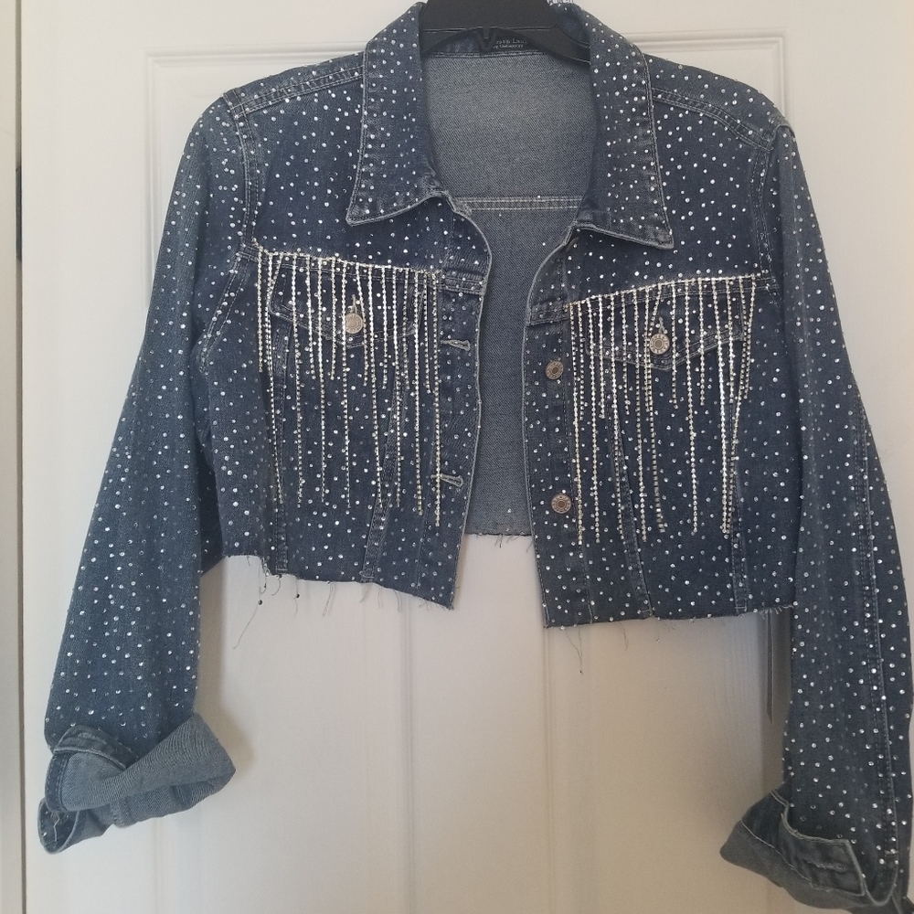 COPY - NWT!!!Womens Crop Rhinestone Fringe Jean Denim Jacket Casual Cowgirl Tas… - Picture 1 of 7